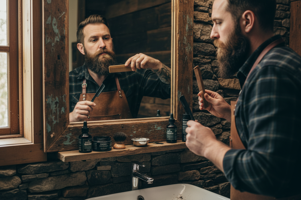 Man trimming and shaping his beard at home in a rustic bathroom mirror