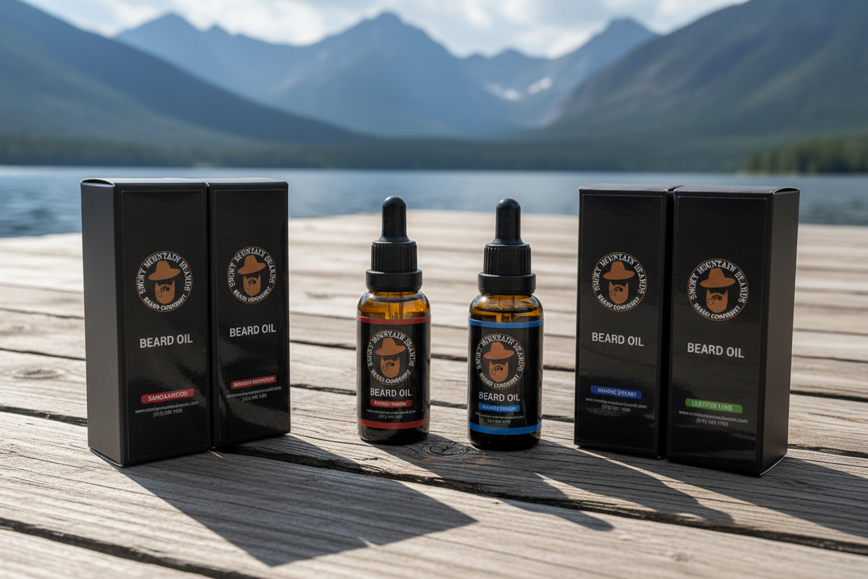 Four beard oils on mountain dock
