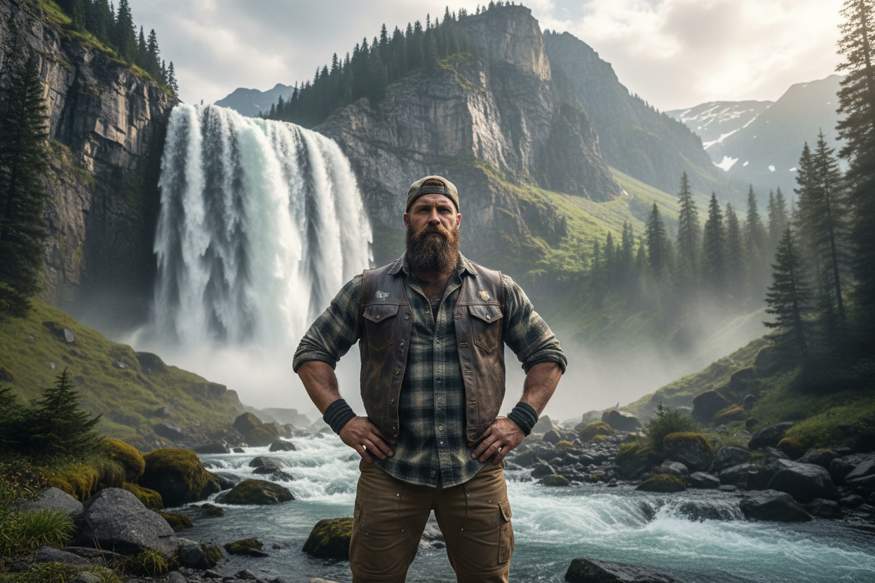 Strong bearded dad with backwards hat at mountain waterfall